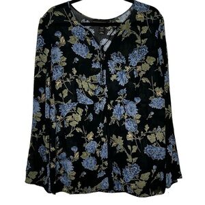 Venezia Black Floral Ling Bell Sleeves Toe Neck Peasant Blouse Semi Sheer Sz 2X